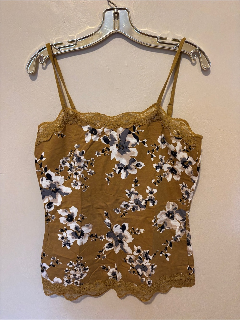 Floral Lace-Trim Cami Tank Top - Mustard